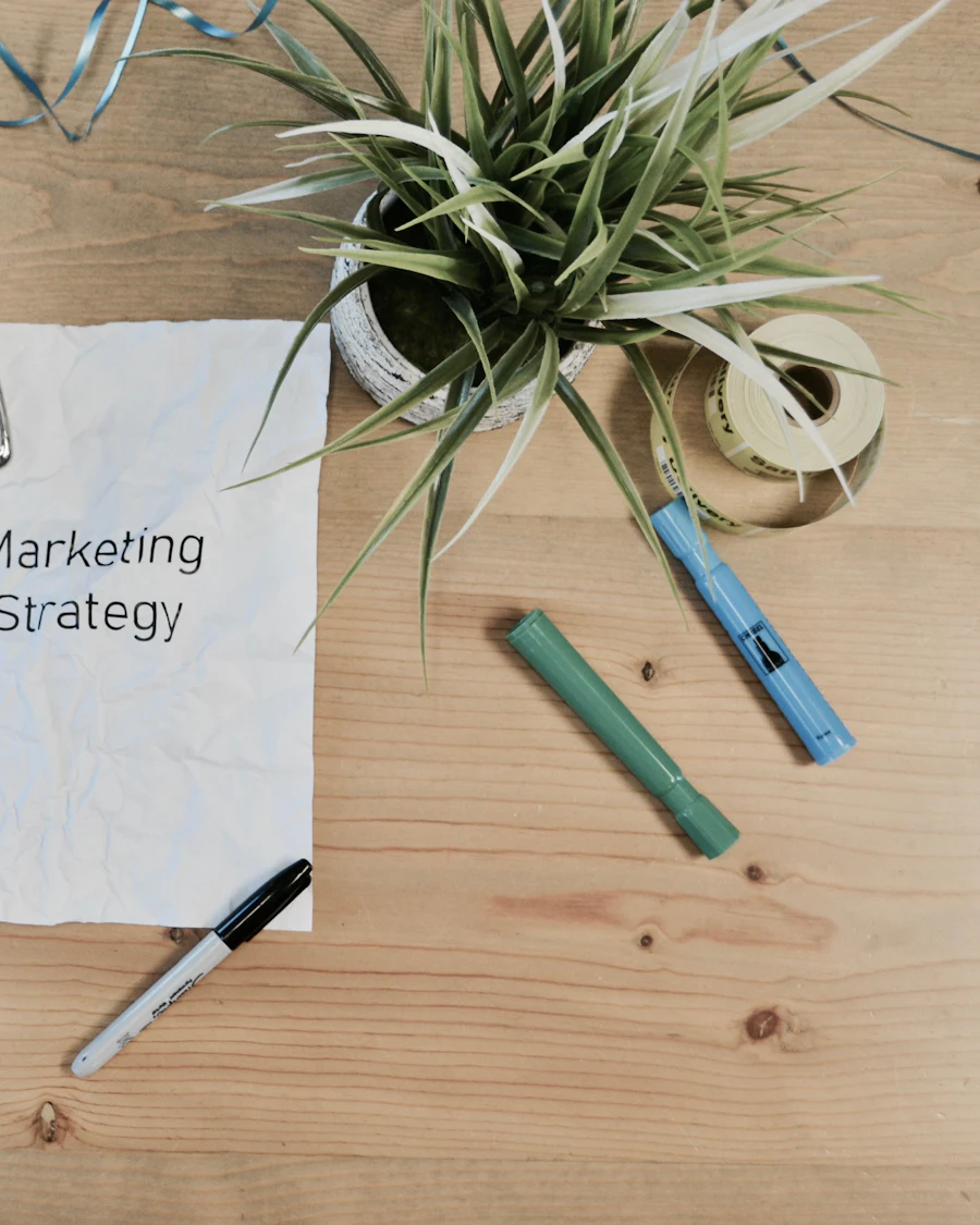 Marketing strategy notes and books on a desk